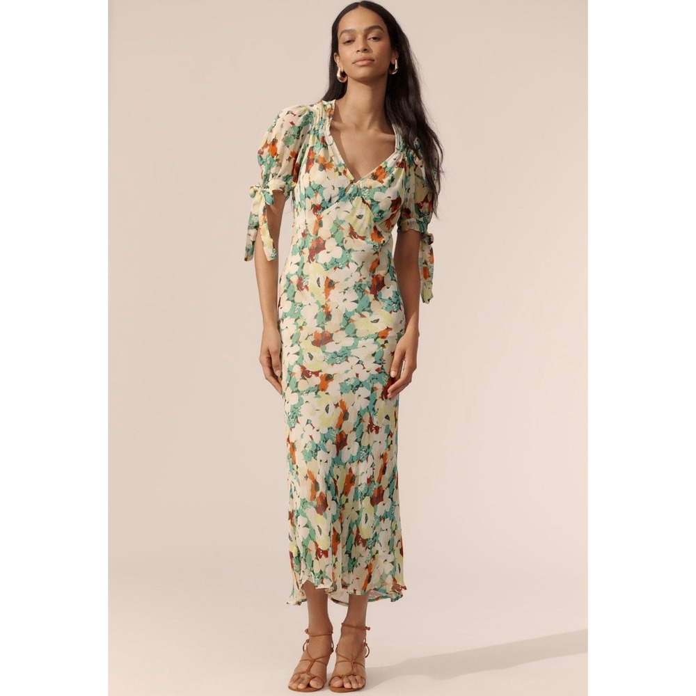 NWT Anthropologie Short Sleeve V-neck Slip Midi Dress Floral Romantic SMALL